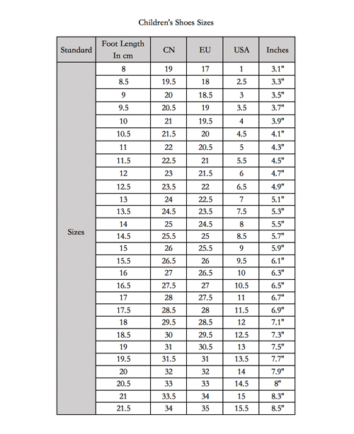 Children's Shoes Sizes