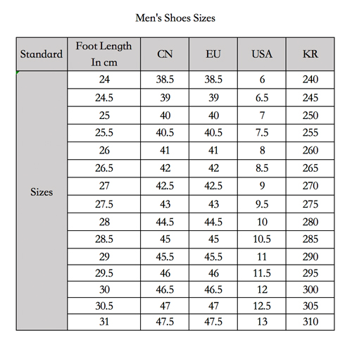 Men's shoes sizes